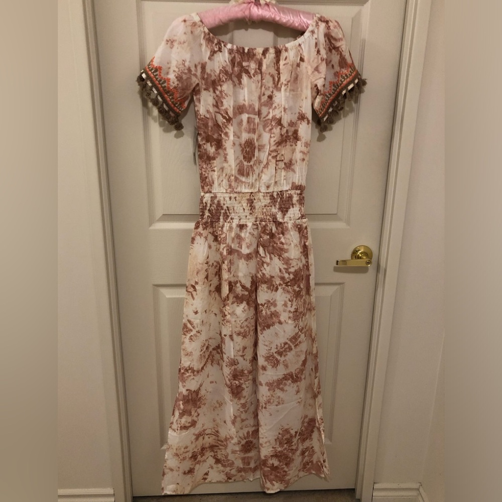 Bohemian Off-Shoulder Tye Dye Dress with Tassel Trim & Beaded Details by VENUS